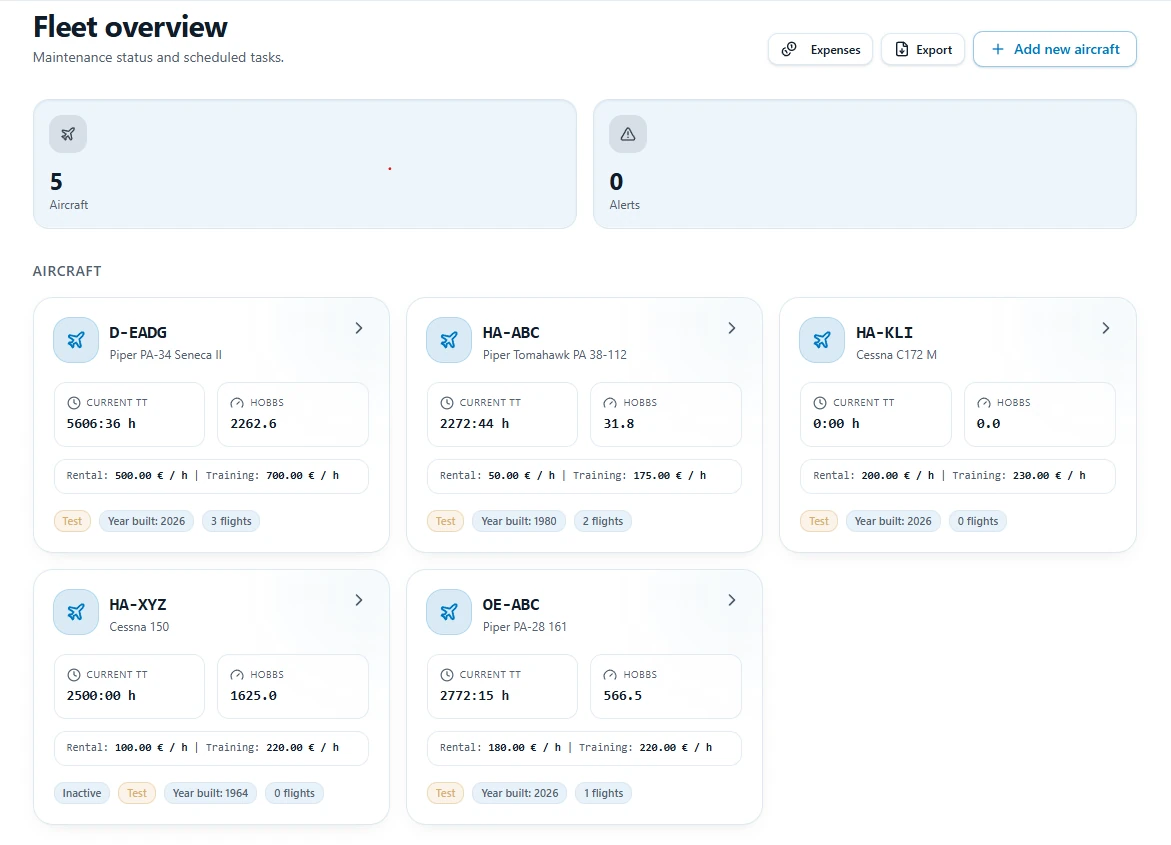 ReadyFlyLog Fleet Overview showing multiple aircraft, counters, status, hourly rates and flight totals